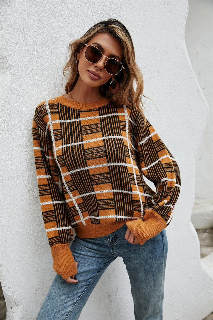 Printed Round Neck Dropped Shoulder Sweater - Tran.scend 
