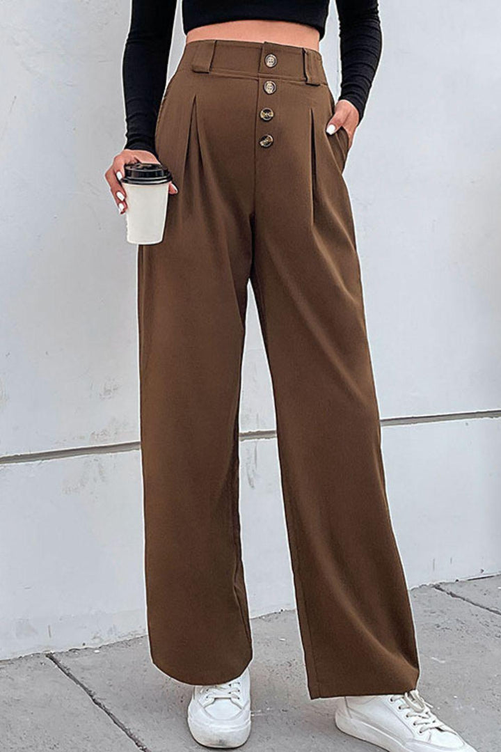 Button-Fly Pleated Waist Wide Leg Pants with Pockets - Tran.scend 