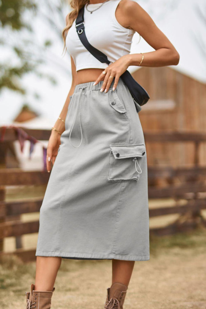 Drawstring Waist Slit Denim Skirt - Tran.scend 