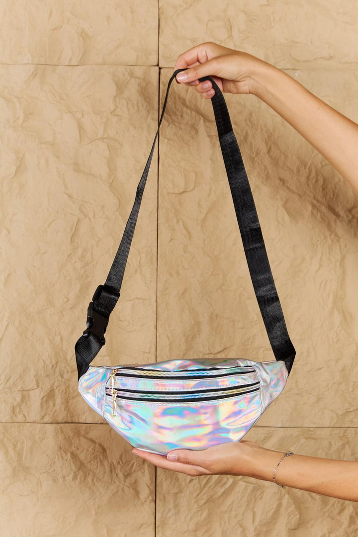 Fame Good Vibrations Holographic Double Zipper Fanny Pack in Silver - Tran.scend 