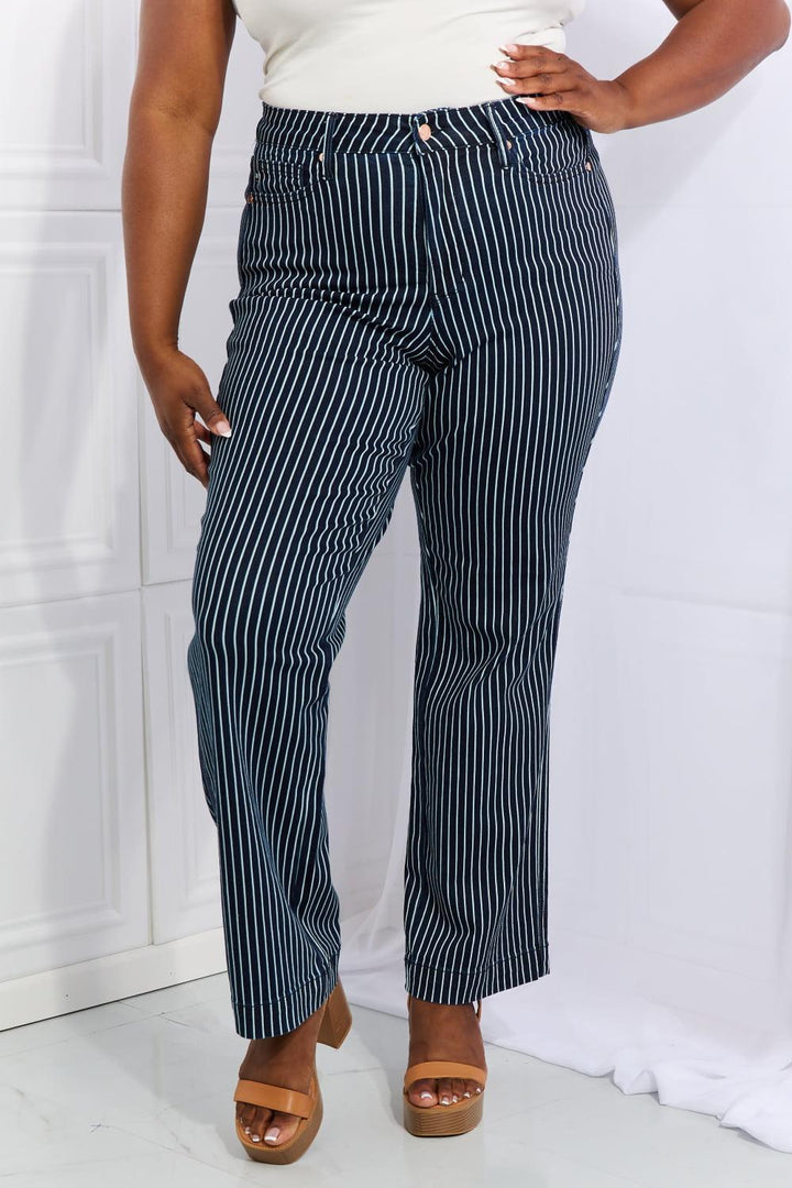 Judy Blue Cassidy Full Size High Waisted Tummy Control Striped Straight Jeans - Tran.scend 