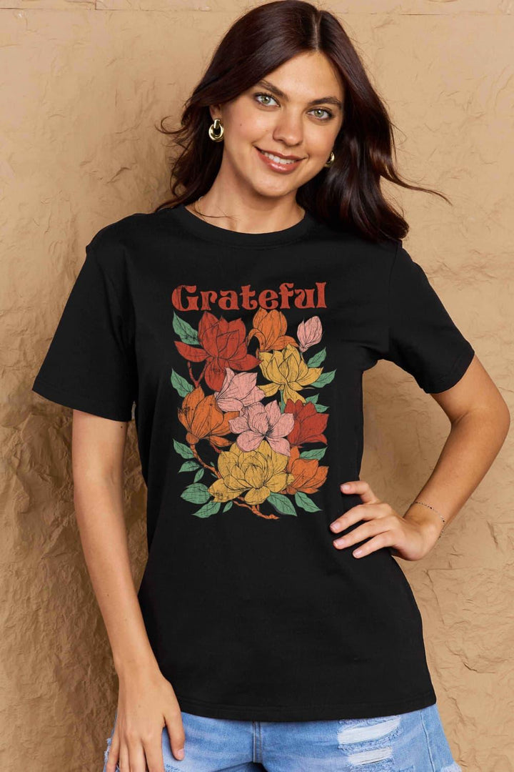 Simply Love Full Size GRATEFUL Flower Graphic Cotton T-Shirt - Tran.scend 