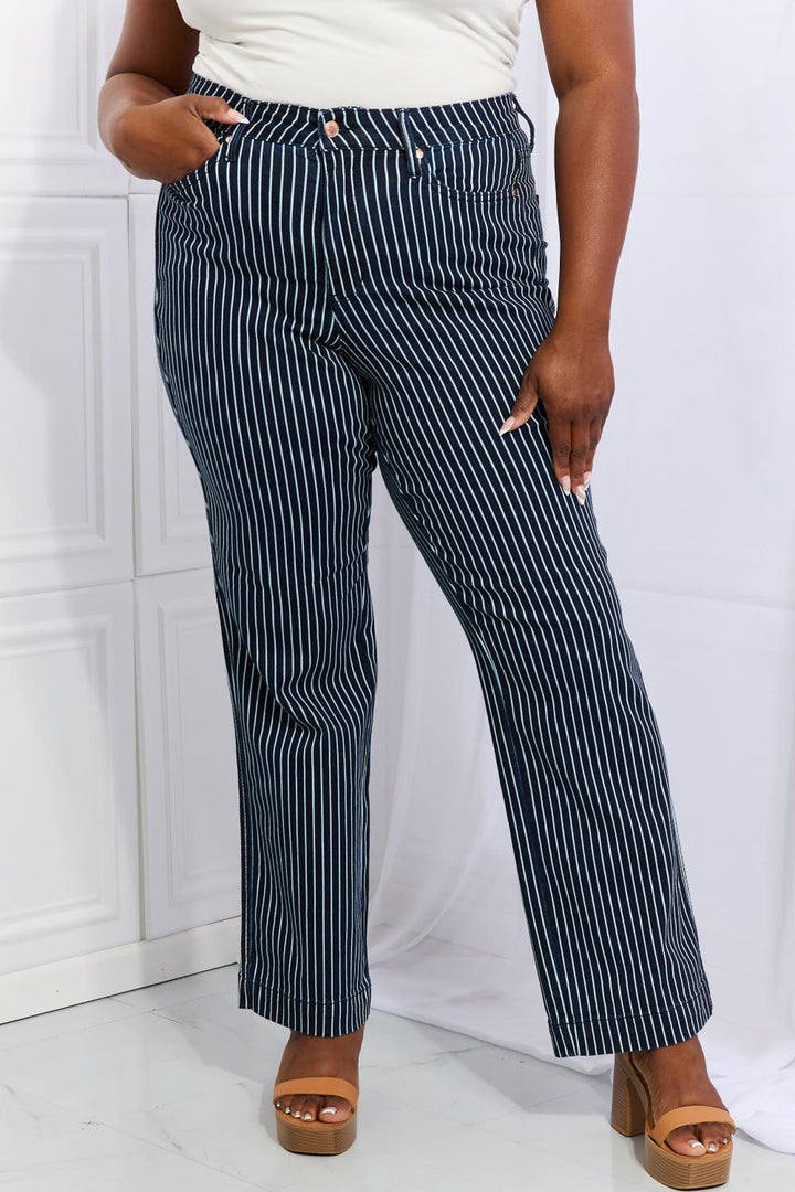 Judy Blue Cassidy Full Size High Waisted Tummy Control Striped Straight Jeans - Tran.scend 