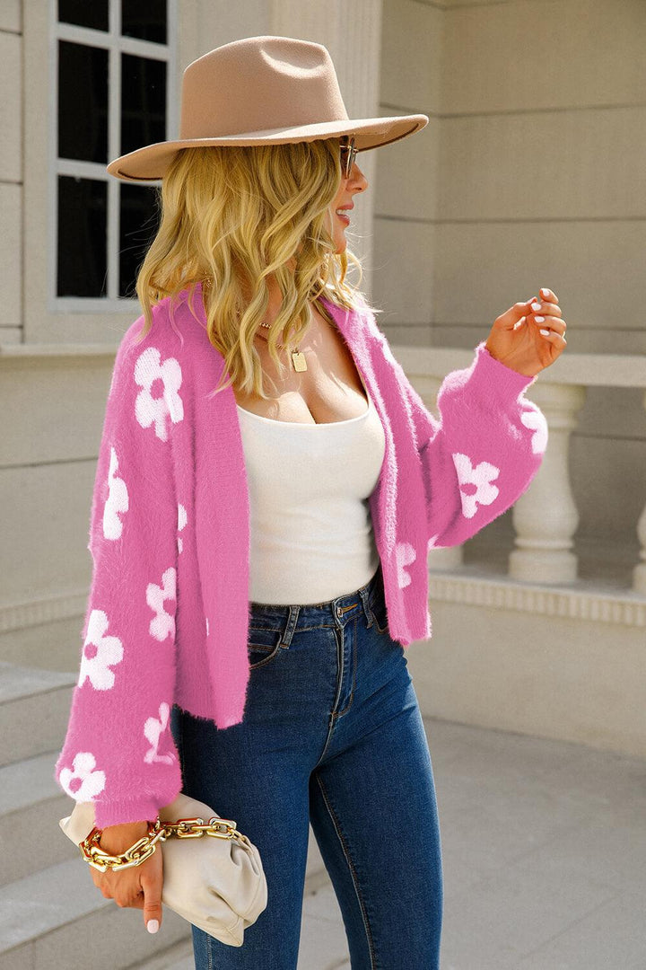 Floral Open Front Fuzzy Cardigan - Tran.scend 