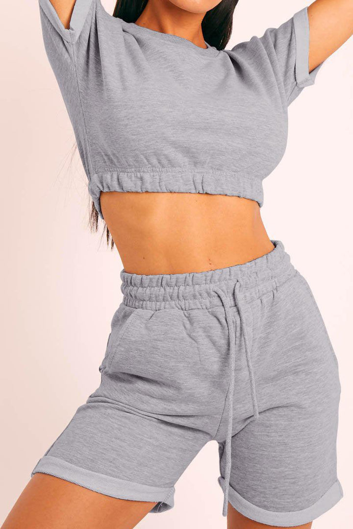 Short Sleeve Cropped Top and Drawstring Shorts Lounge Set - Tran.scend 