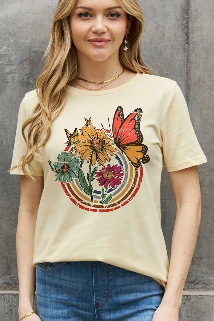 Simply Love Full Size Flower & Butterfly Graphic Cotton Tee - Tran.scend 