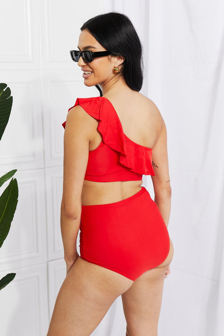 Marina West Swim Seaside Romance Ruffle One-Shoulder Bikini in Red - Tran.scend 