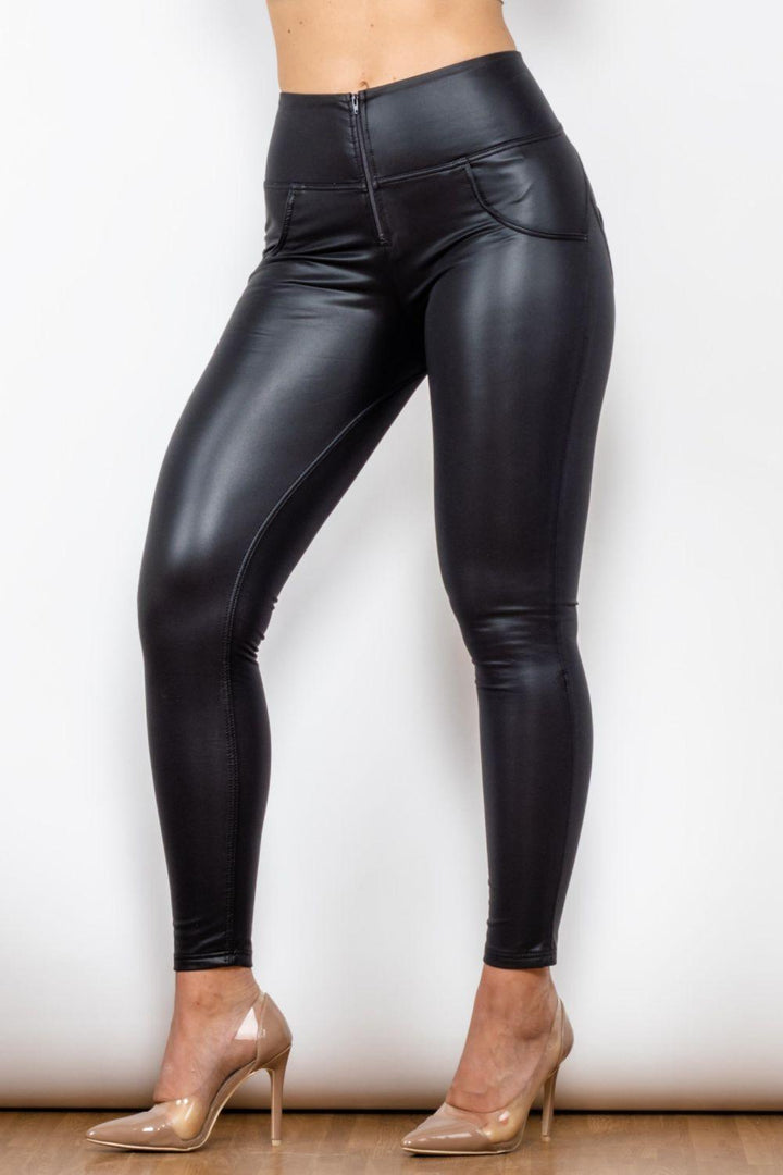 Full Size Vegan Leather Zip Detail Leggings - Tran.scend 