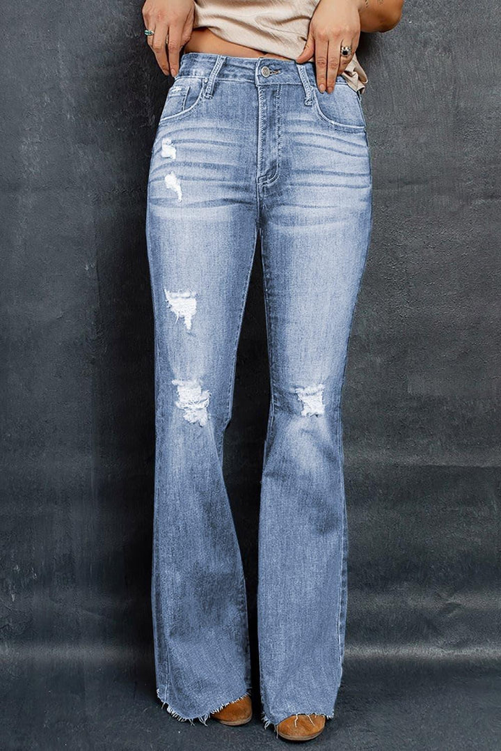 Distressed Raw Hem Flare Jeans - Tran.scend 