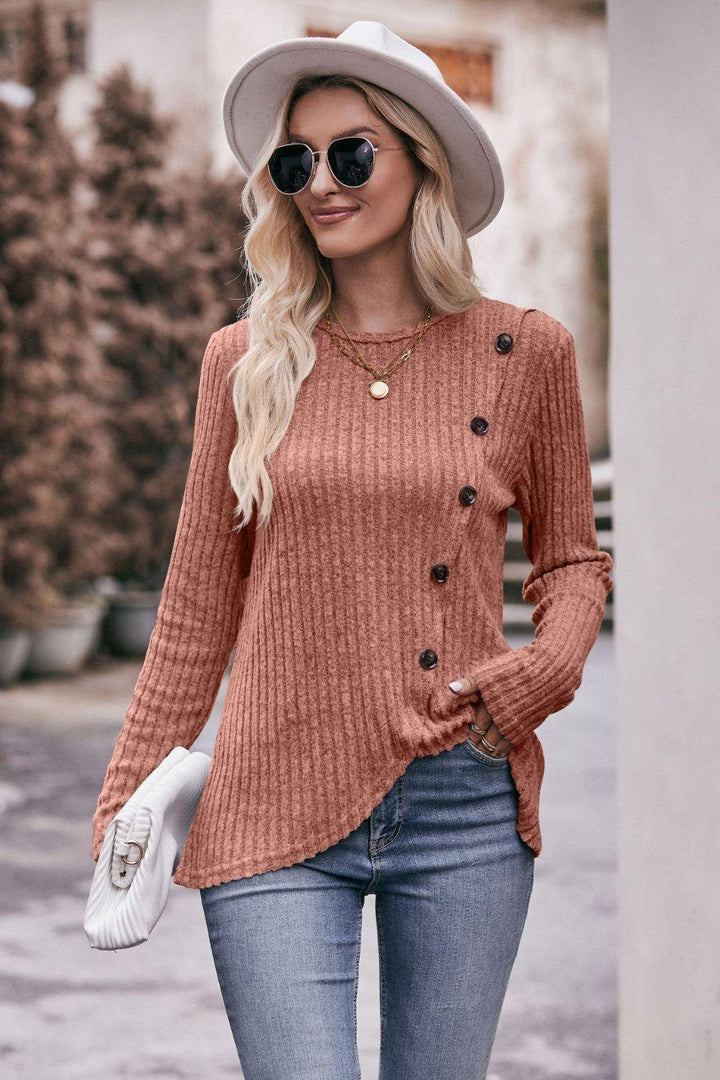 Ribbed Round Neck Buttoned Long Sleeve Tee - Tran.scend 