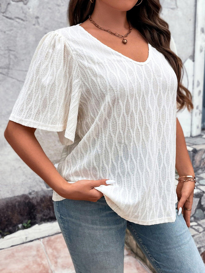 Plus Size V-Neck Puff Sleeve Blouse - Tran.scend 