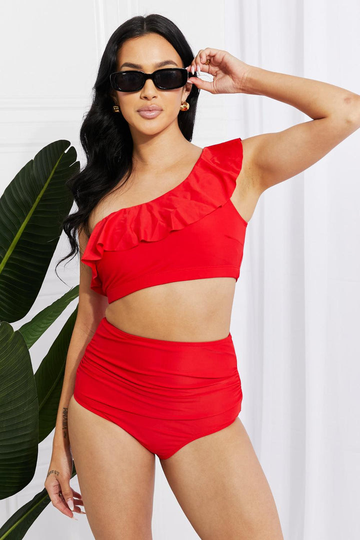 Marina West Swim Seaside Romance Ruffle One-Shoulder Bikini in Red - Tran.scend 