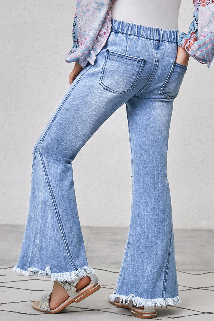 Girls Distressed Frayed Trim Flare Jeans - Tran.scend 