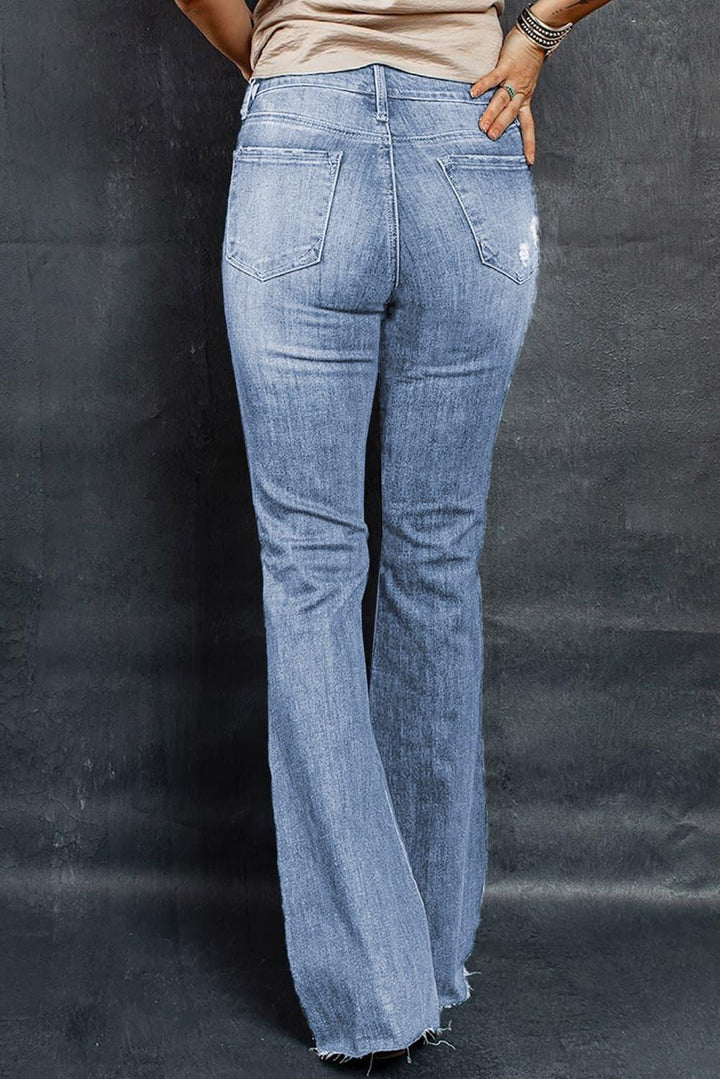 Distressed Raw Hem Flare Jeans - Tran.scend 