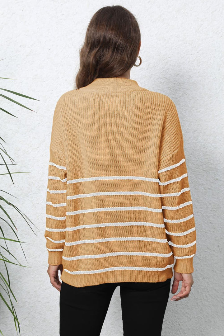 Striped Zip-Up Long Sleeve Ribbed Sweater - Tran.scend 
