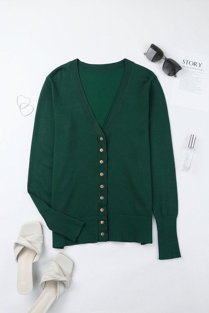V-Neck Long Sleeve Button-Down Cardigan - Tran.scend 
