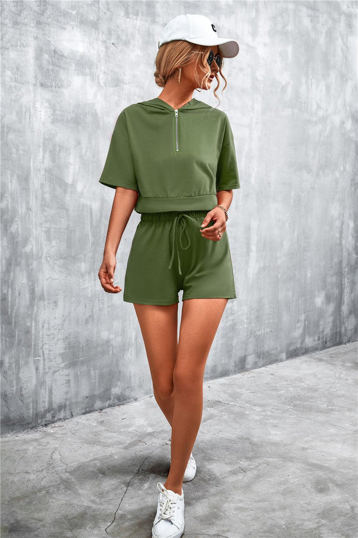 Half Zip Cropped Hooded T-Shirt and Shorts Set - Tran.scend 