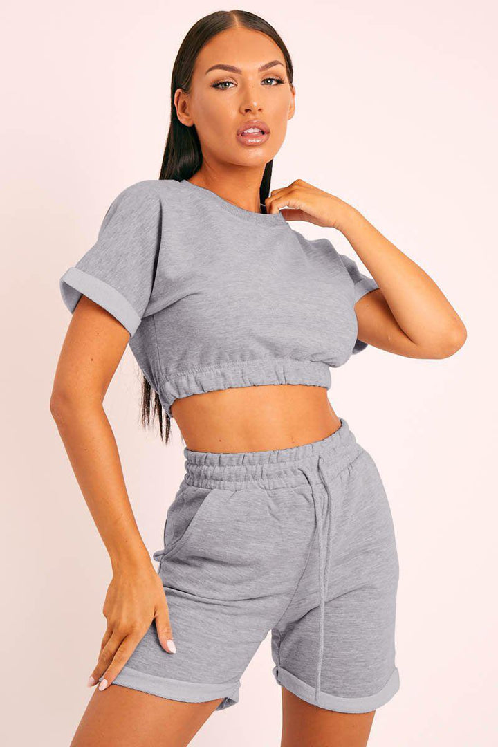 Short Sleeve Cropped Top and Drawstring Shorts Lounge Set - Tran.scend 