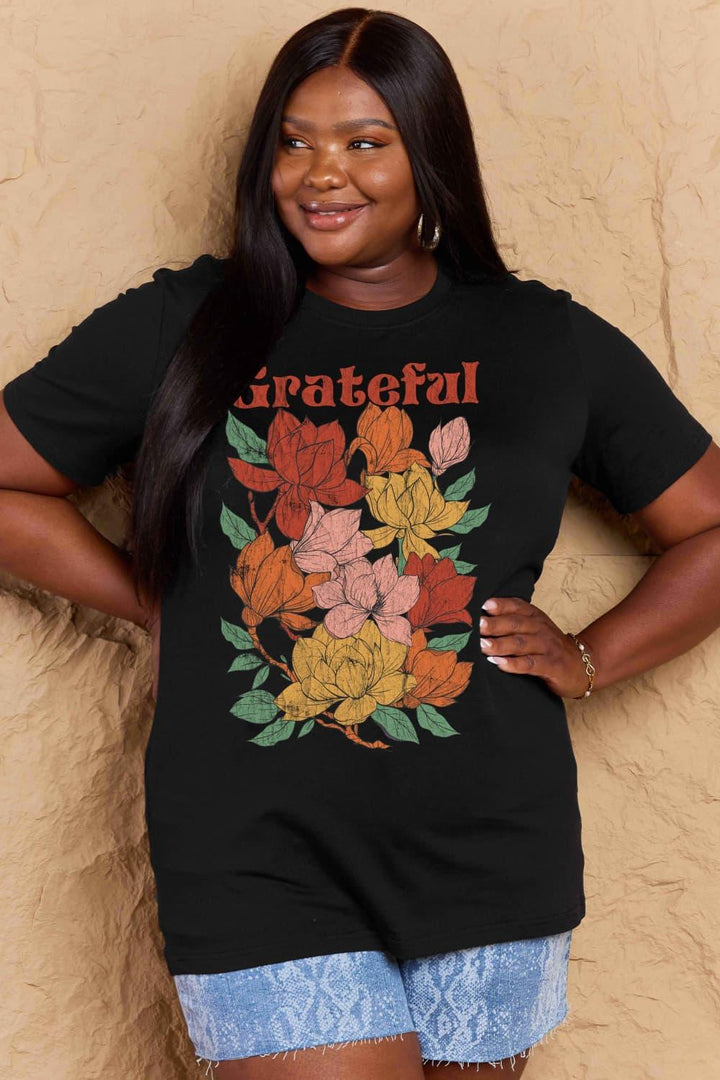 Simply Love Full Size GRATEFUL Flower Graphic Cotton T-Shirt - Tran.scend 