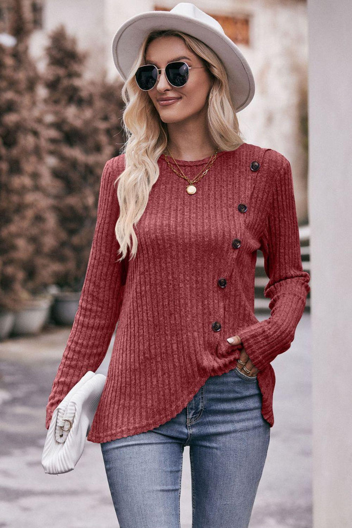 Ribbed Round Neck Buttoned Long Sleeve Tee - Tran.scend 