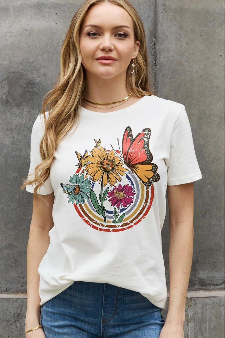 Simply Love Full Size Flower & Butterfly Graphic Cotton Tee - Tran.scend 