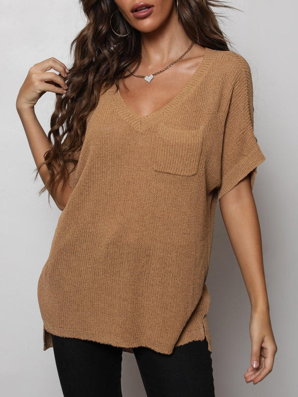 V-Neck Slit High-Low Knit Top - Tran.scend 