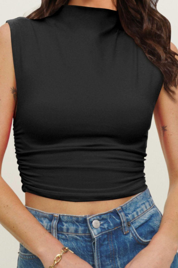 Mock Neck Ruched Cropped Tank - Tran.scend 
