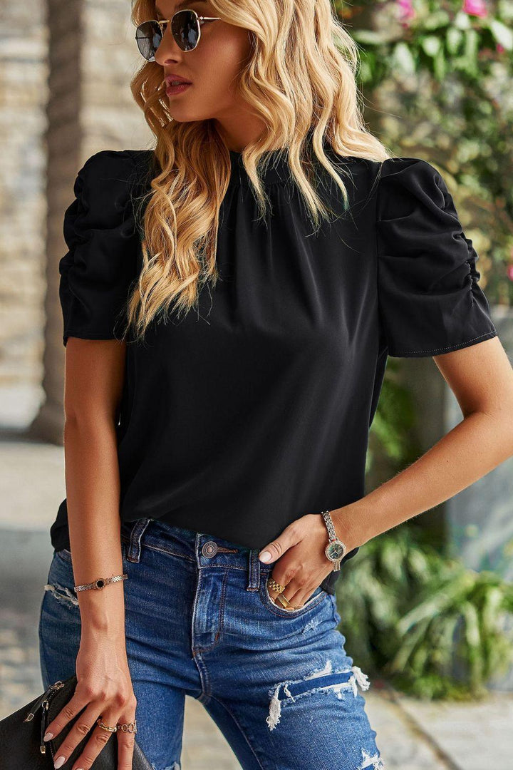 Tie Back Gathered Detail Puff Sleeve Top - Tran.scend 