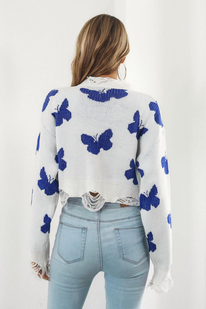 Printed Round Neck Ribbed Long Sleeve Sweater - Tran.scend 