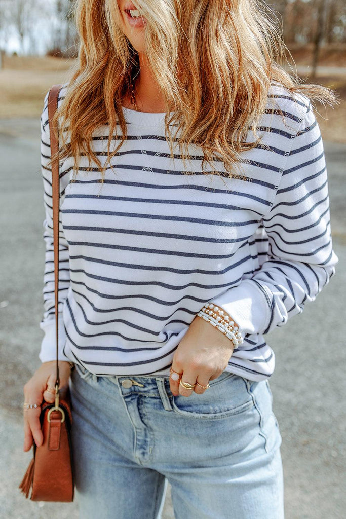 Striped Long Sleeve Round Neck Top - Tran.scend 