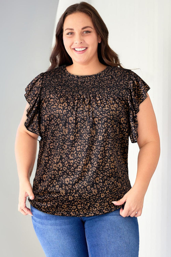 Plus Size Printed Smocked Butterfly Sleeve Blouse - Tran.scend 