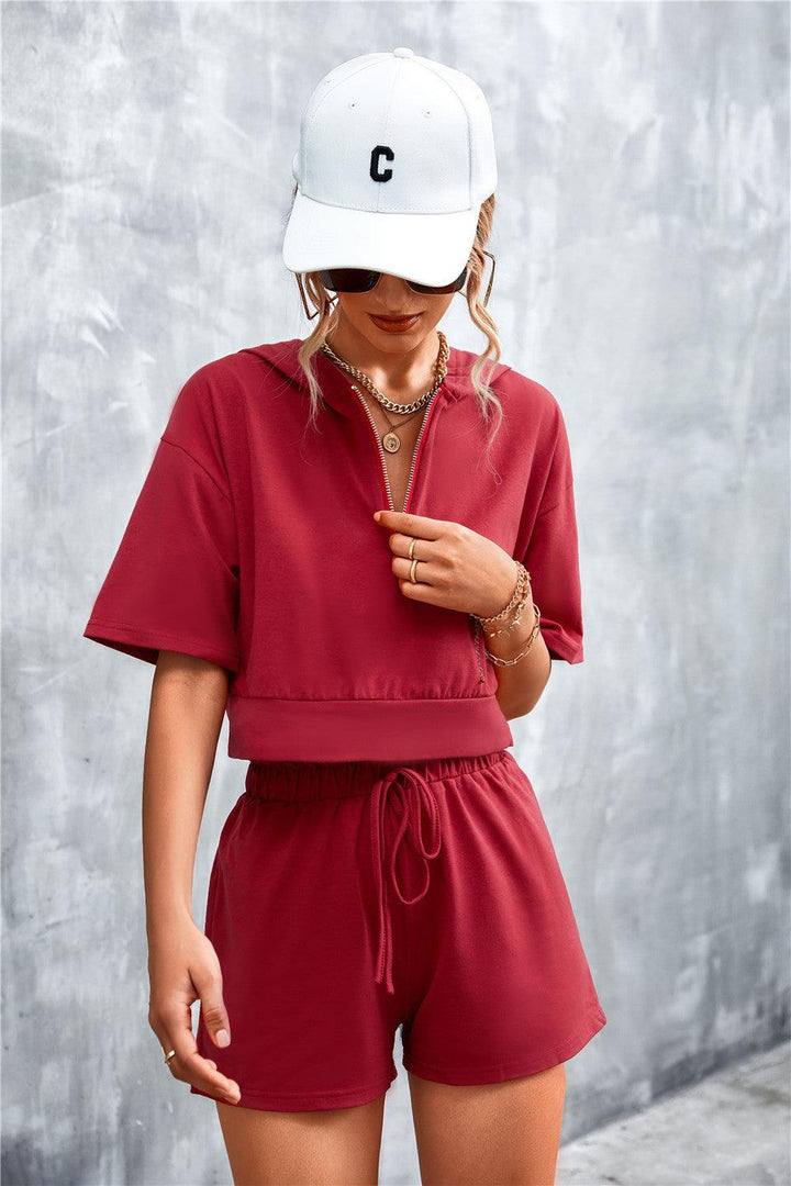 Half Zip Cropped Hooded T-Shirt and Shorts Set - Tran.scend 