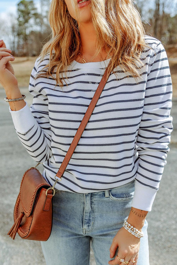 Striped Long Sleeve Round Neck Top - Tran.scend 