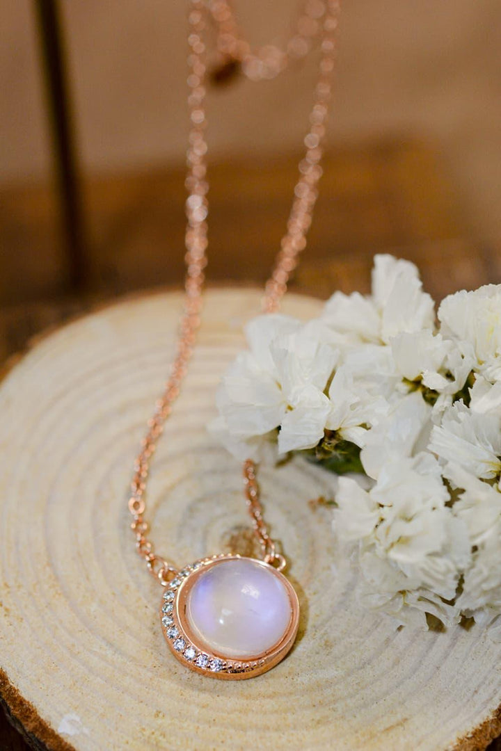 High Quality Natural Moonstone 18K Rose Gold-Plated 925 Sterling Silver Necklace - Tran.scend 