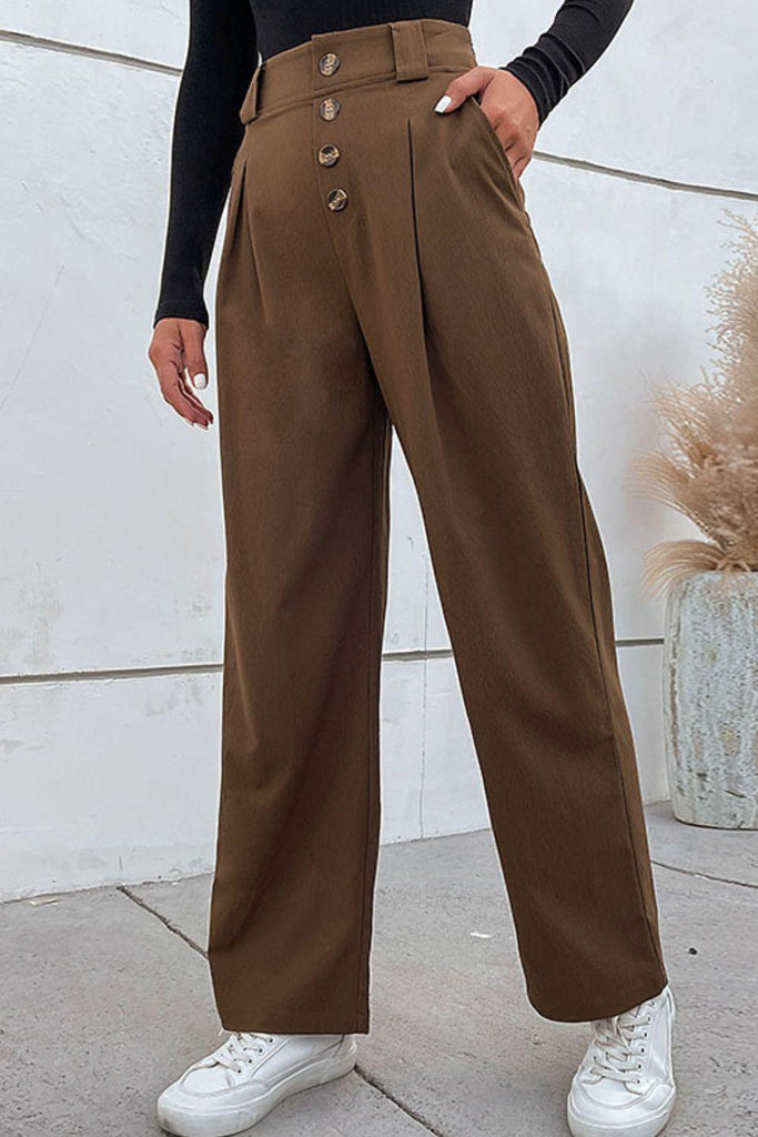 Button-Fly Pleated Waist Wide Leg Pants with Pockets - Tran.scend 