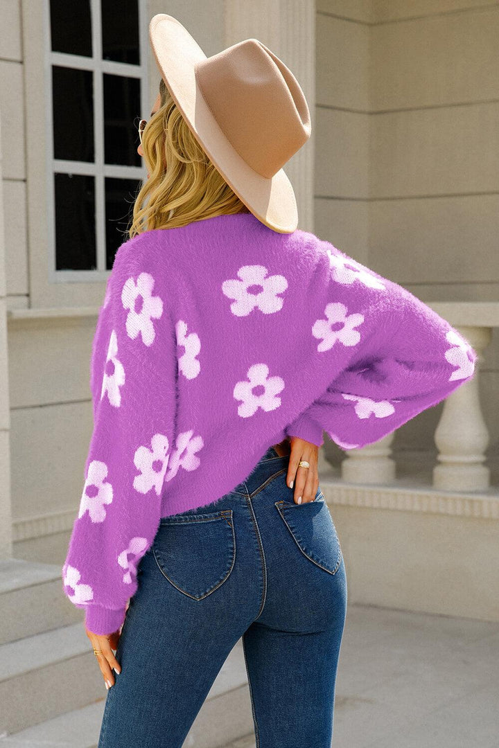 Floral Open Front Fuzzy Cardigan - Tran.scend 