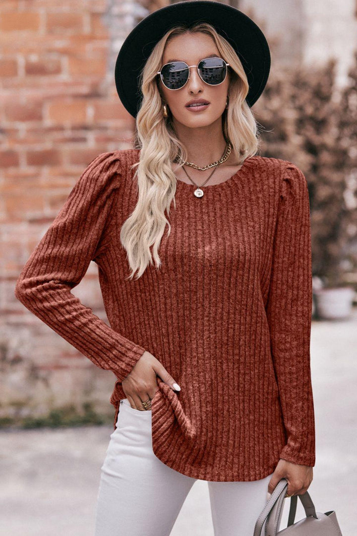 Round Neck Puff Sleeve Ribbed Top - Tran.scend 
