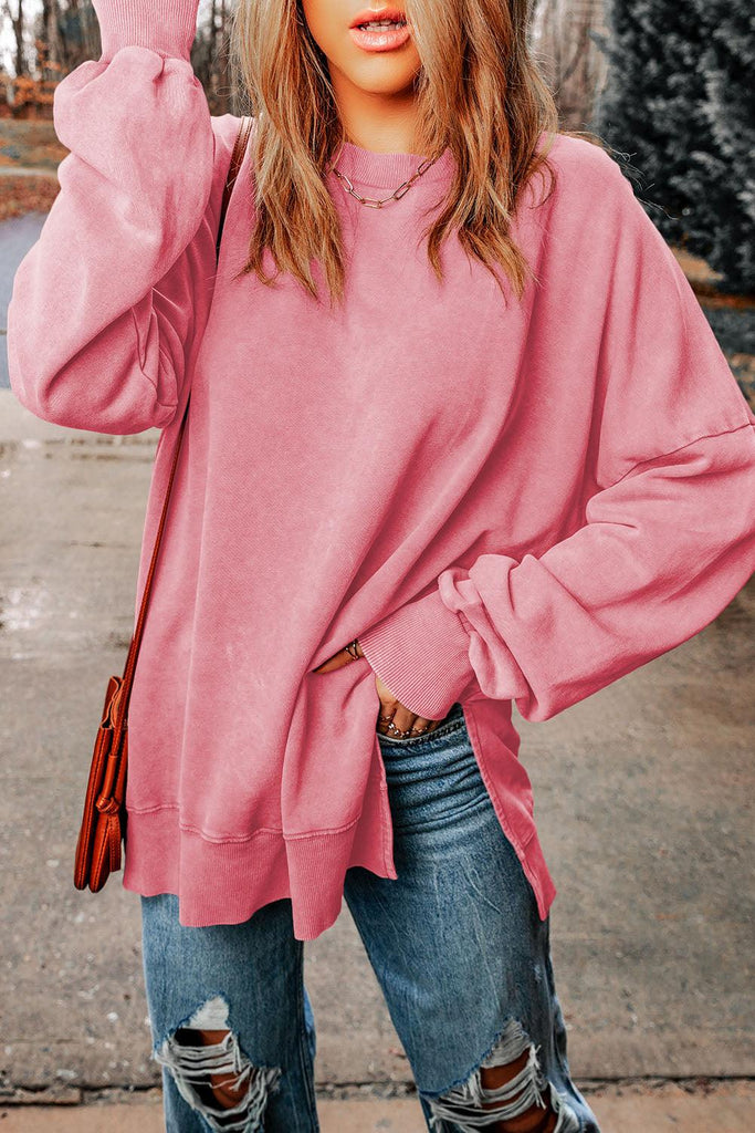 Dropped Shoulder Round Neck Long Sleeve Blouse - Tran.scend 