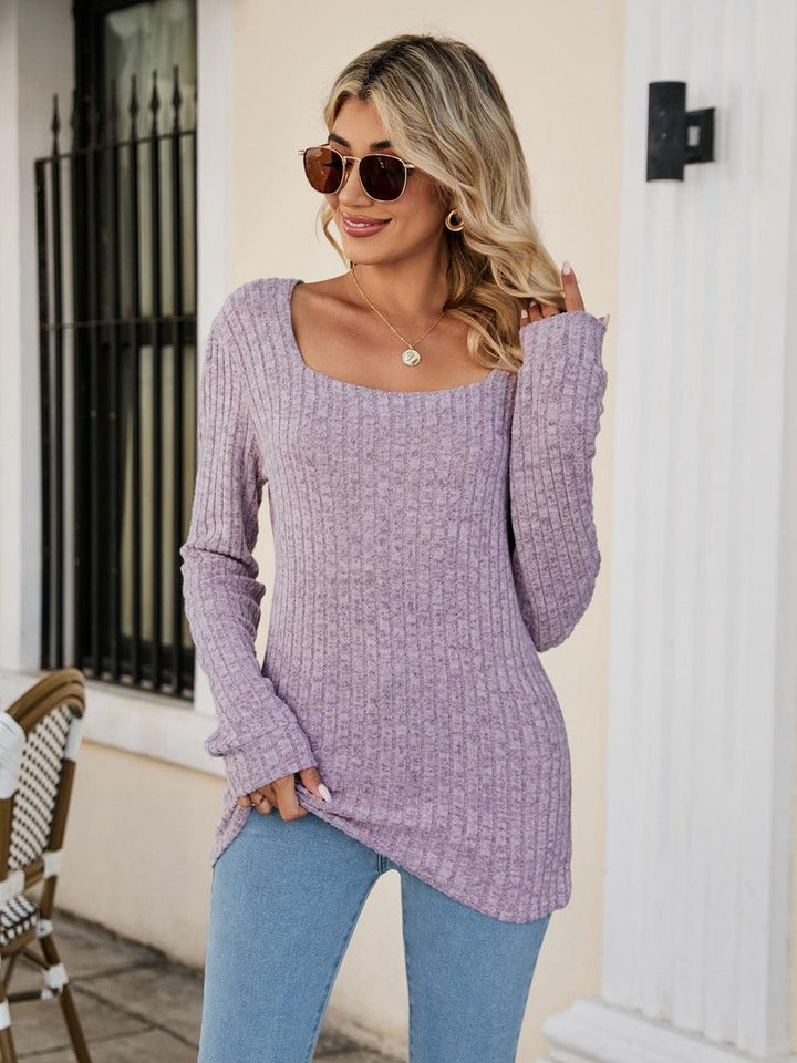 Square Neck Ribbed Long Sleeve T-Shirt - Tran.scend 